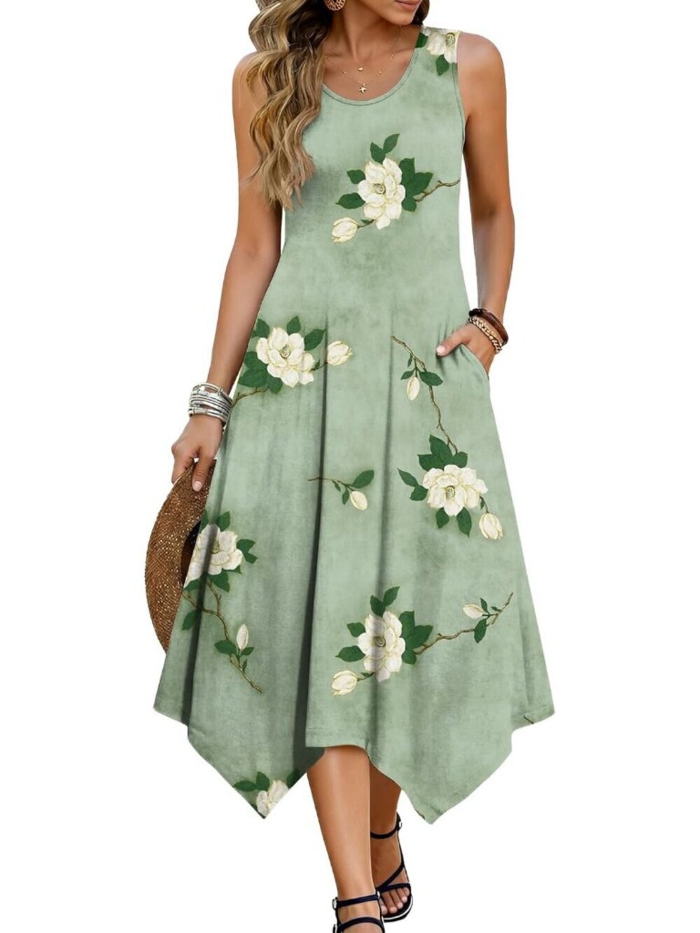 Hotouch Women's Floral Green Stylish Sleeveless Sundress Hankerchief Beach Dress